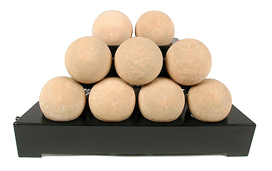Ceramic fire ball spheres, cannon balls and fireplace fireballs